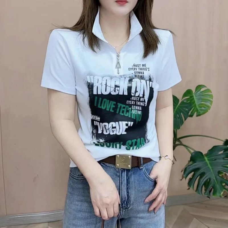 Camiseta de zíper estampada com gola em pé feminina, pulôveres casuais finos, tops de manga curta emendados, moda coreana, nova, verão