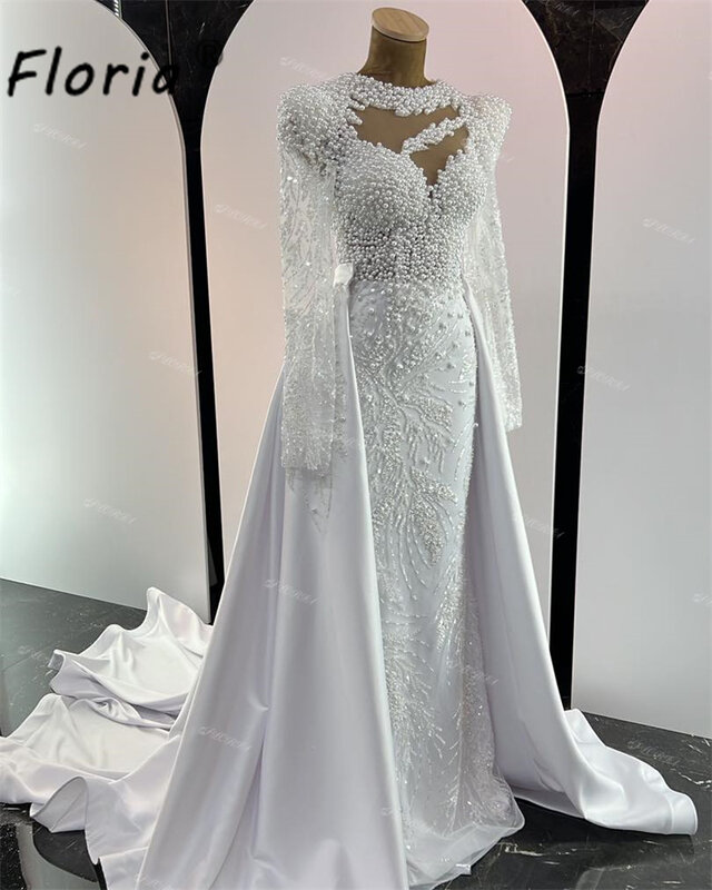Vestido de noiva elegante Perlen Perlen Meerjungfrau Brautkleid lange Ärmel abnehmbare Zug Satin Brautkleid Dubai Frau Ocasión