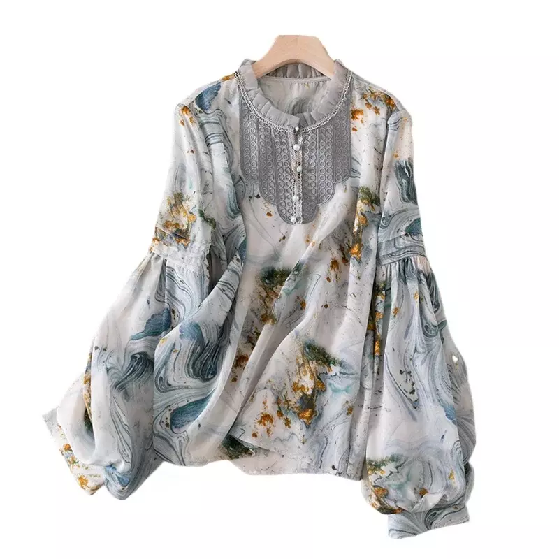 Шифоновая женская рубашка, летние винтажные блузки с принтом, свободные женские Топы с длинным рукавом, модная одежда в стиле пэчворк
