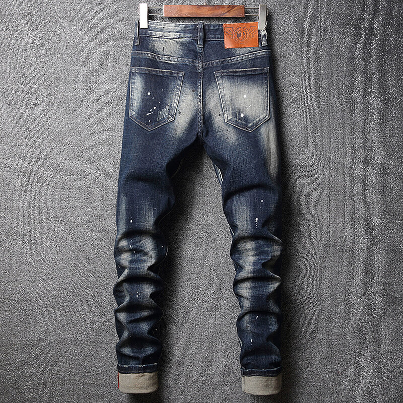 Uliczne modne dżinsy męskie Retro czarny niebieski elastyczny Slim Fit malowane dżinsy z dziurami męskie łatki projektant spodnie w stylu Hip Hop Hombre