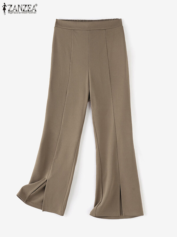 ZANZEA Summer Trousers 2024 Elegant OL Pants Women Elastic Waist Casual Fashion Solid Color Pantalons Femme Office Bell-bottoms