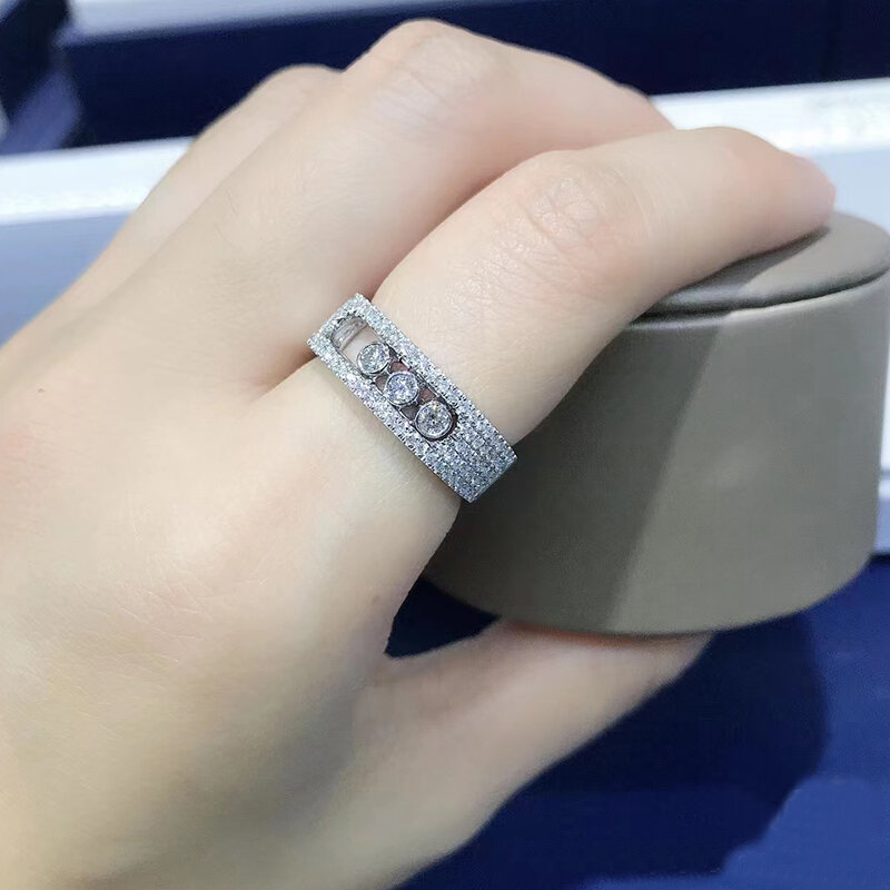 프랑스 럭셔리 주얼리 새로운 925 스털링 실버 커플 반지, 전기 도금 골드 세 다이아몬드 모바일 반지 이동 로마인 크리스마스 선물