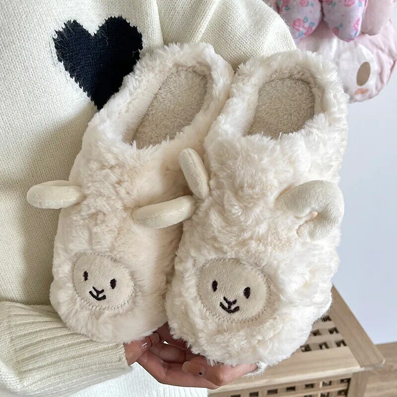 Women Home Fluffy Slippers Platform Anti Slip Comfortable Warm Shoes Cute Sheep Outdoor Couple Slippers Women Men Ladies Shoes