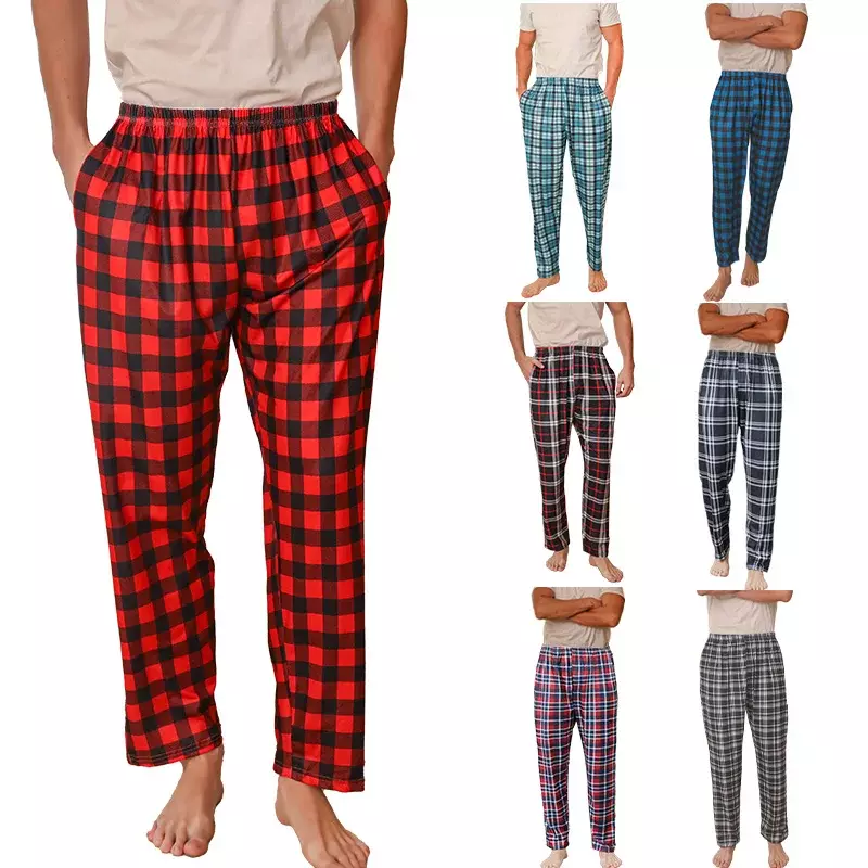 Herren Frühling und Herbst kariert bedruckt lässig übergroße dünne Pyjamas und Hosen mit Taschen in verschiedenen Farben erhältlich
