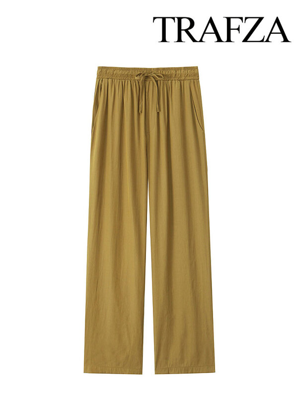 TRAFZA-Pantalones rectos de pierna ancha para mujer, calzas informales de cintura elástica con cordón de dibujo, moda de verano