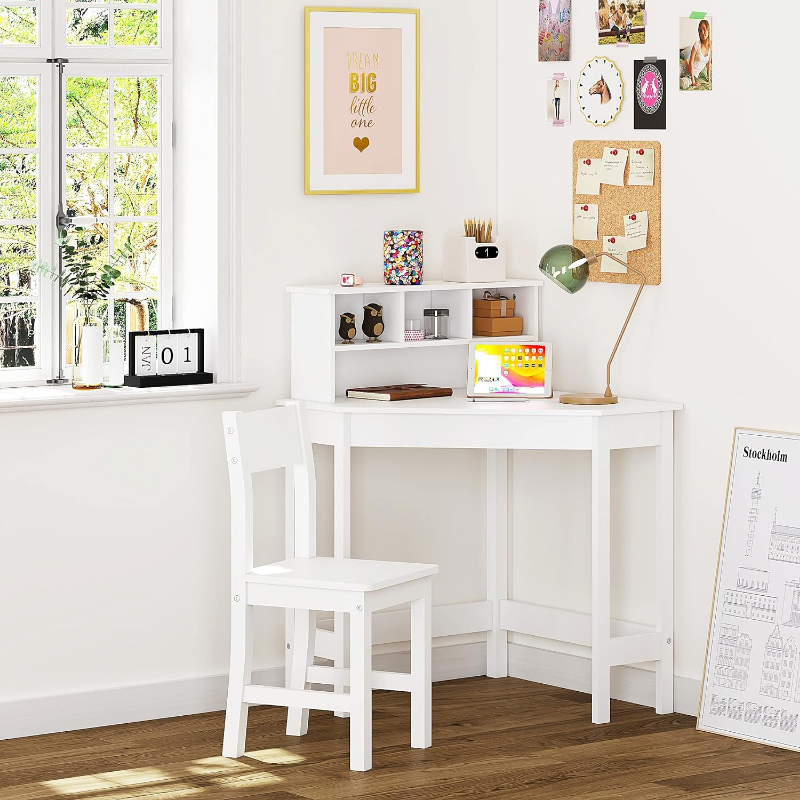 Scrivania per bambini UTEX, scrivania da studio in legno con sedia per bambini, scrivania con contenitore e Hutch per uso scolastico domestico, bianco