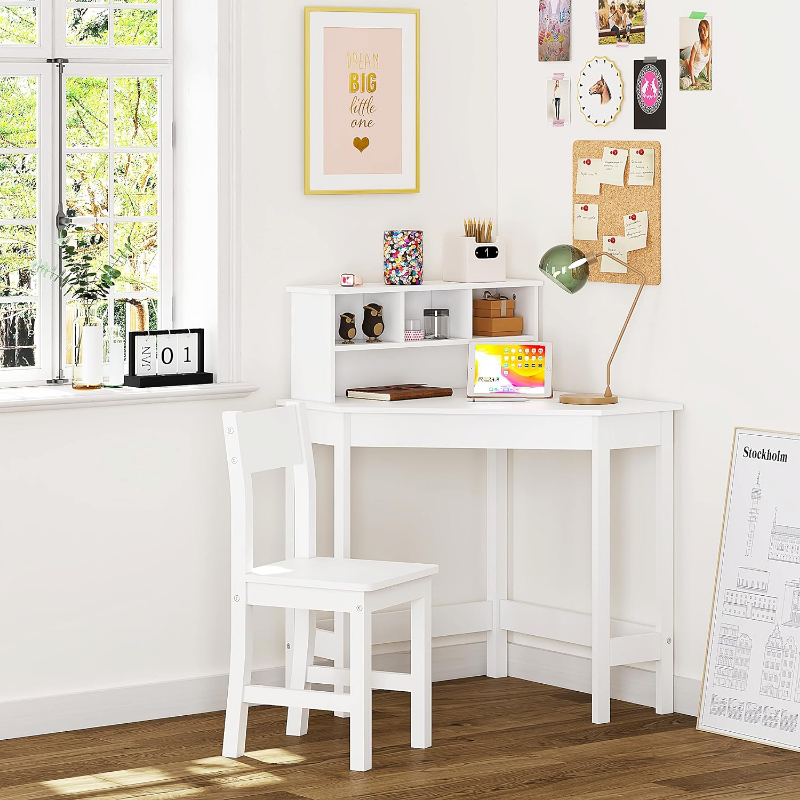 UTEX-escritorio de madera para niños, escritorio de estudio con silla para niños, escritorio de escritura con almacenamiento y Hutch para uso escolar en el hogar, blanco