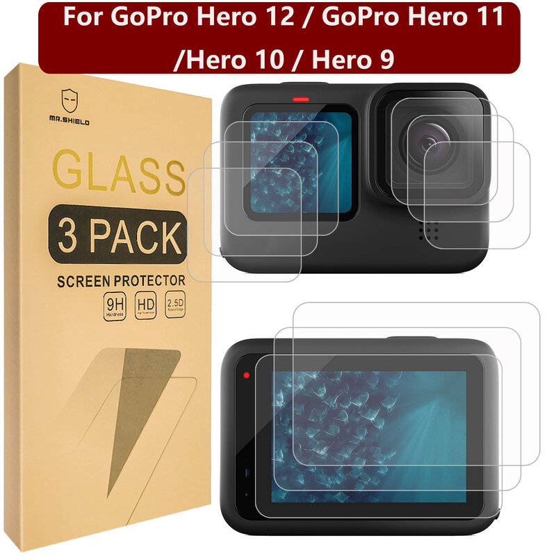 Защитная пленка Mr.Shield для экрана, совместимая с GoPro Hero 12 / GoPro Hero 11 / Hero 10 / Hero 9 [назад + объектив + спереди], 3 шт. в упаковке [9 шт.]