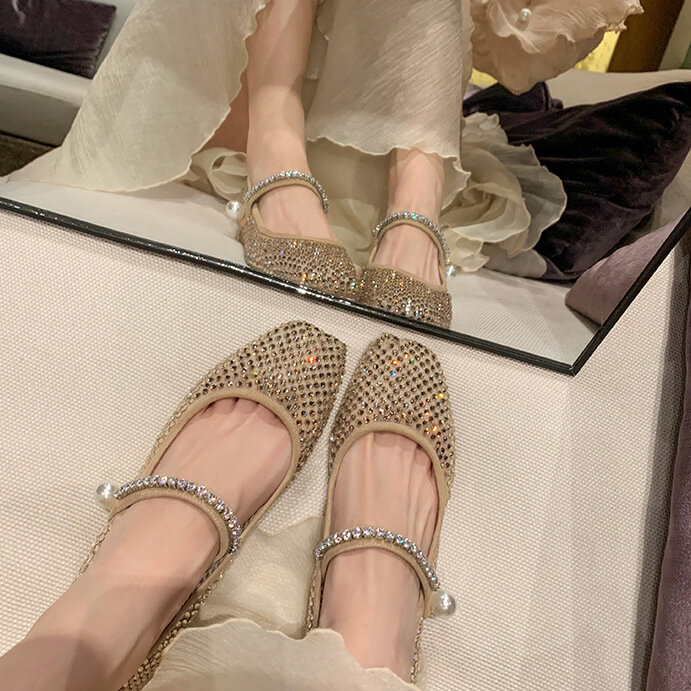 Mary Jane-zapatos de malla con cabeza cuadrada para mujer, calzado con perlas de diamante completo, a la moda, novedad de 2024