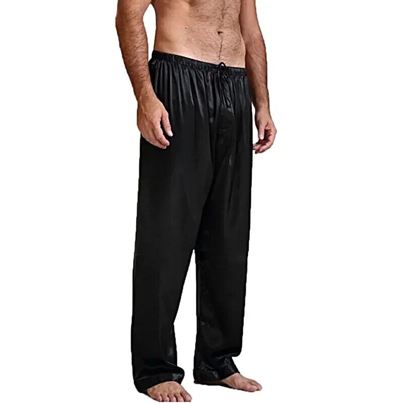 ชุดนอนผ้าไหมใส่อยู่บ้านสำหรับผู้ชายกางเกงชุดนอนหลวมผ้าซาตินยาวผ้าซาติน