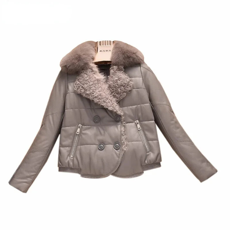 Jaket kulit asli wanita, atasan Luaran kerah bulu rubah hangat warna putih bebek musim dingin 2024 ZT280