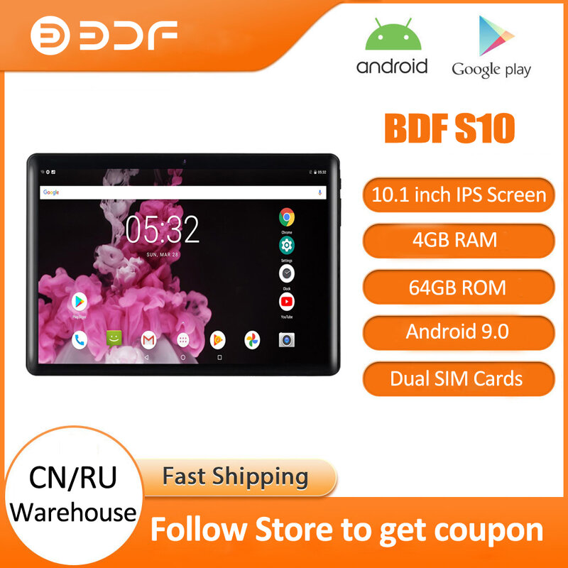 BDF 10.1 Inch Máy Tính Bảng Android Mới 9.0 Viên 3G/4G Gọi Điện Thoại Octa Core 4GB/ROM 64GB Bluetooth Wi-Fi 2.5D Thép Màn Hình Máy Tính Bảng