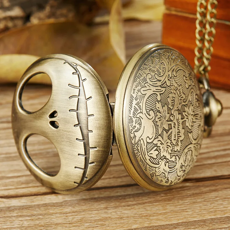 Premium Pocket Watch Mens Womens Necklace Fob Chain Retro Bronze Hollow Skull Quartz Pocket Watch Gifts