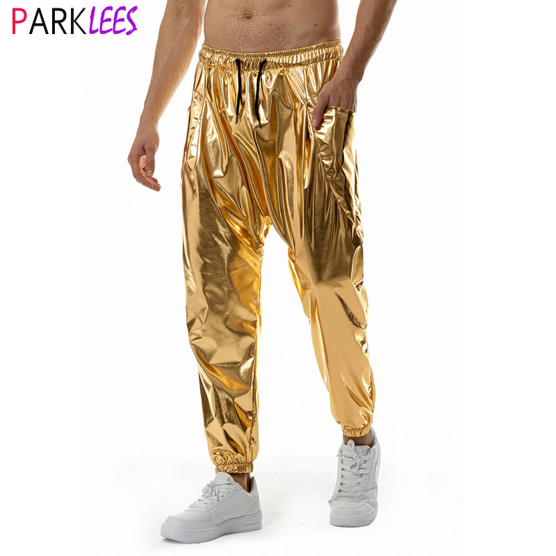 Celana Olahraga Jogger Metalik Emas Berkilau untuk Pria Celana Kargo Saku Kasual Hip Hop Pakaian Jalan Prom Festival Pesta Dansa Disko