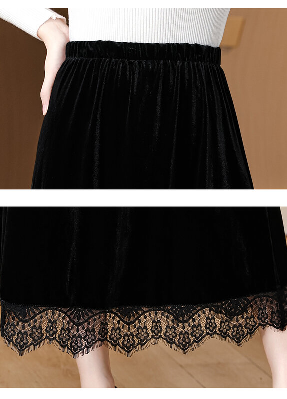 Осень/Зима 2023, новинка, черная шелковая бархатная юбка в стиле Хепберн, широкая кружевная приталенная ретро-юбка до колен