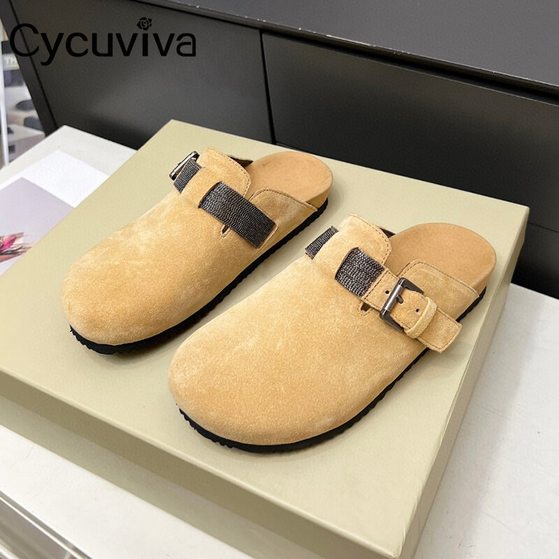 Sandal wanita Slides kulit Suede baru musim panas sandal datar Slip satu bagal sepatu pantai liburan sandal wanita desainer
