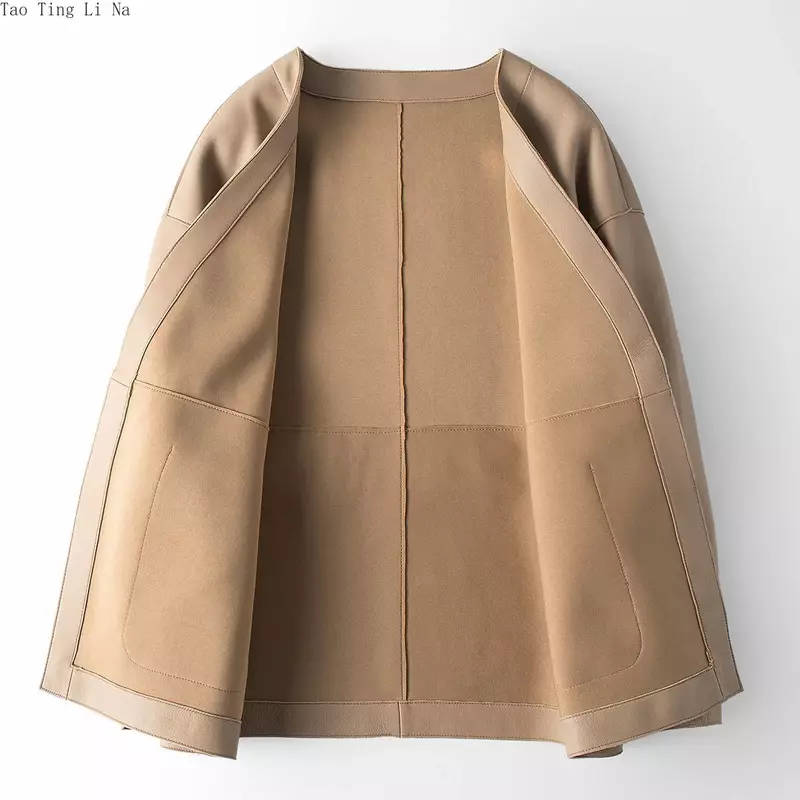 เสื้อโค้ทหนังแกะแท้คอวีสำหรับผู้หญิง, เสื้อแจ็คเก็ต H25 2023ใหม่ฤดูใบไม้ร่วง