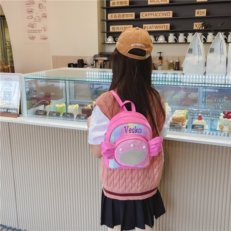Mochila escolar con nombre personalizado para niña, bonita mochila con alas de perlas, tamaño pequeño, a la moda