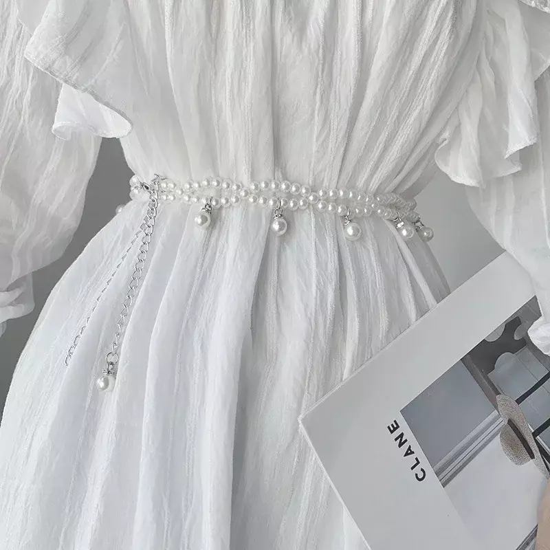سلسلة خصر لؤلؤ أبيض للنساء ، حزام تنورة ، سلسلة زخرفية ، فستان