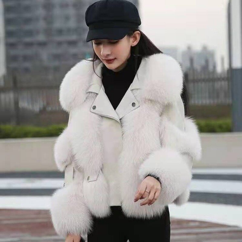 Jaket bulu palsu wanita, mantel hangat leher V kasual Slim-Fit modis untuk musim dingin 2023
