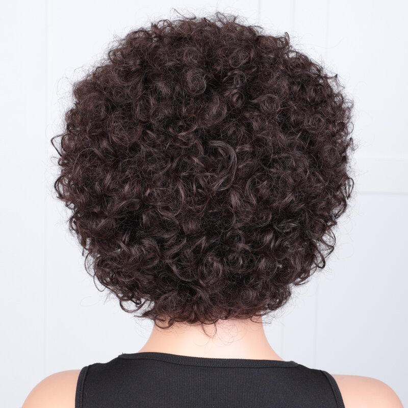 Wig keriting ikal Afro pendek Wig Bob coklat alami tanpa lem dengan poni Wig rambut manusia Remy Brasil Jerry keriting untuk wanita