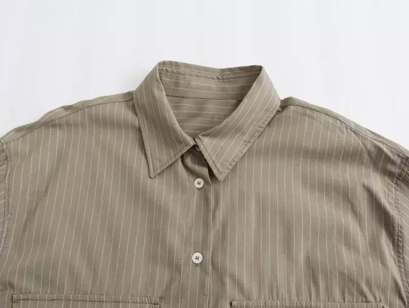 Frauen neue Mode Flip Pocket Dekoration kurz gestreifte schlanke Blusen Vintage Langarm Button-up weibliche Hemden schicke Tops
