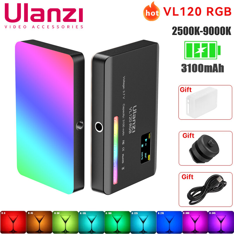 Ulanzi-Full Color RGB Video Light, Iluminação LED Fotografia, Luz da câmera regulável, Live Video Fill Lamp, VL120, 2500K a 9000K