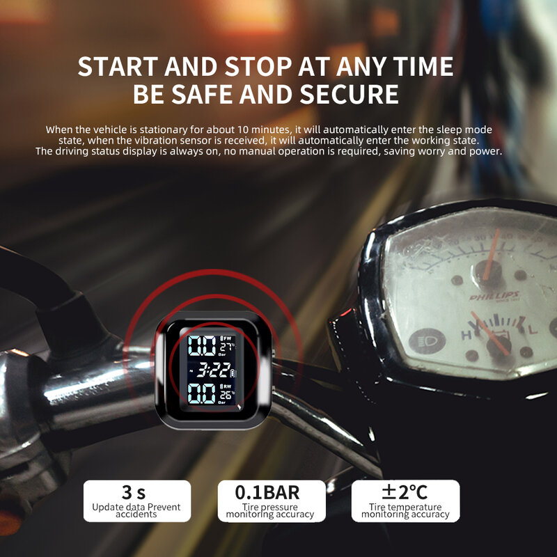 Motorrad tpms Motorrad Reifendruck kontroll system Reifen temperatur alarm drahtlose Digital anzeige mit 2 externen Sensoren