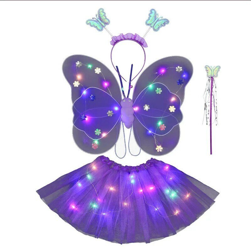 Juego de alas de mariposa de hadas para niña, LED brillante, disfraz para niños, alas iluminadas, varita, diadema, decoración, 1 Juego