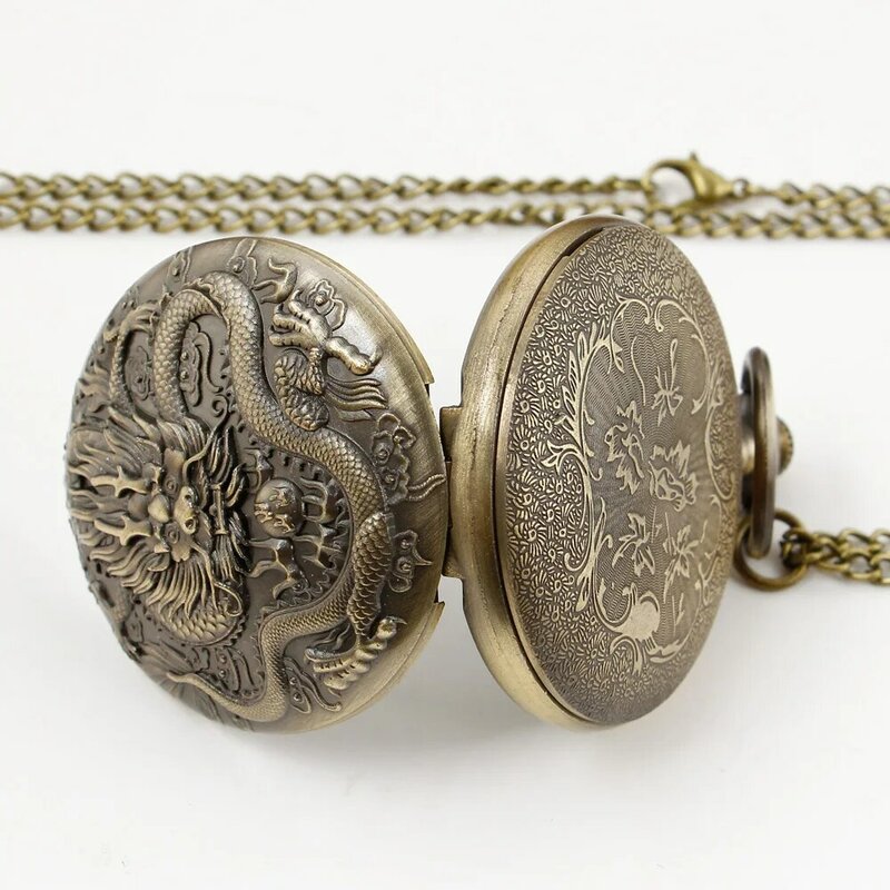 Cool and Dominant Chinoiserie Dragon Pocket Watch Men's Necklace Vintage Quartz Pocket FOB Watch Exquisite Gift