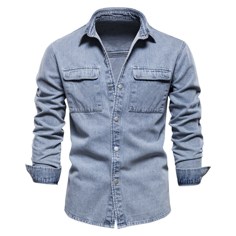 Рубашка мужская джинсовая с длинным рукавом, модная уличная одежда из 100% хлопка, повседневная толстая, пальто