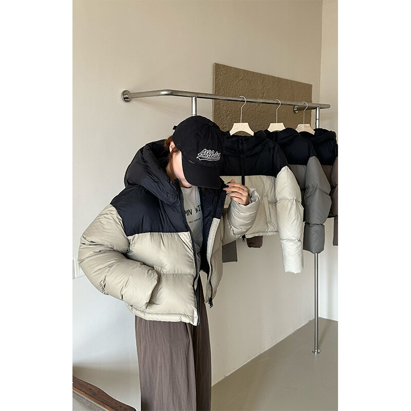 MEXZT mantel bertudung pendek wanita, jaket parka bertudung untuk jalanan, mantel crop Down tebal gaya Korea musim dingin bahan katun