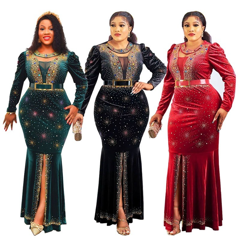Gaun Maxi gaya Afrika untuk wanita, gaun pesta malam putri duyung lengan panjang beludru, gaun Maxi bahan Afrika Musim Semi 2024 untuk wanita