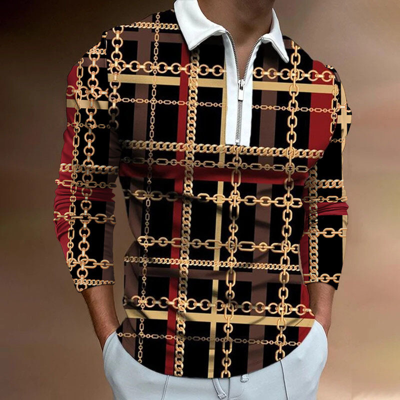 Nova impressão xadrez camisa polo masculina casual moda confortável manga longa camiseta topos roupas masculinas