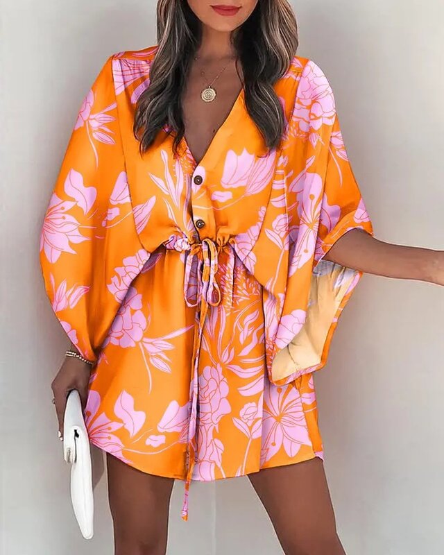 Mini vestido Boho com estampa floral, sexy, decote em v, casual, solto, praia, festa, verão, oversized, curto, férias
