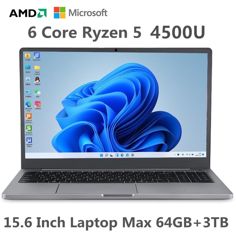 Akpad AMD Metal แล็ปท็อปแรมสูงสุด64GB 3TB SSD Ultrabook คอมพิวเตอร์15.6นิ้ว2.4G/5.0 WiFi บลูทูธ Ryzen 5 4500U Windows 10 11 Pro