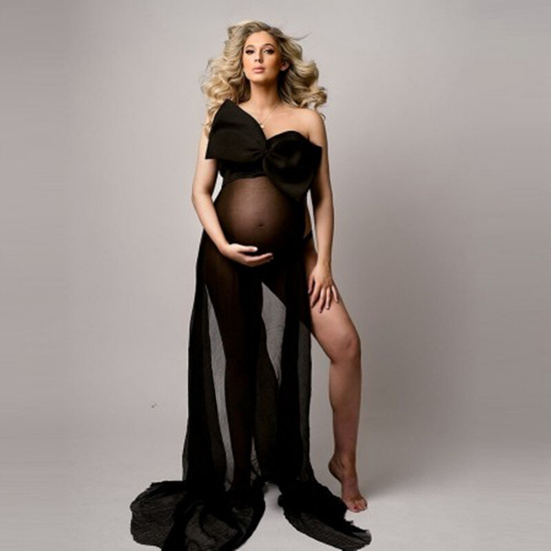 Vestido longo maternidade chiffon, brilhando, gravidez, fotografia, sexy, preto, arco grande