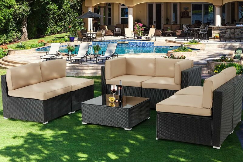 7-częściowy zestaw mebli ogrodowych na patio, czarny zestaw wiklinowych sof z rattanu PE, zestaw krzeseł do mebli ogrodowych z poduszkami w kolorze khaki