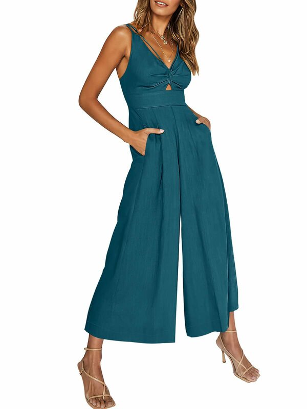 Women Sexy Backless V Neck Hollow Sleeveless Elegant Wide Leg Jumpsuit 2023 Summer Fashion Solid Slim Pockets High Waist Rompers