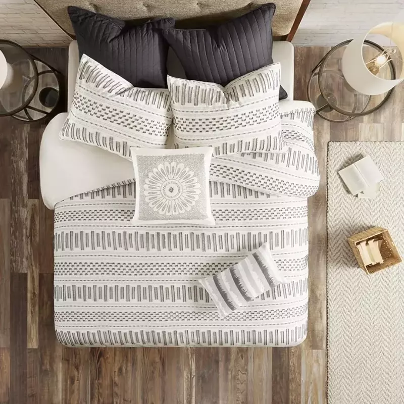 Luxuoso conjunto de cama de algodão, design geométrico moderno, aconchegante capa combinando shams, meados do século, para toda a temporada