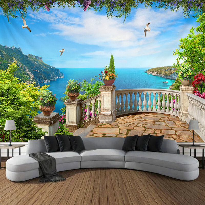 Tapisserie de paysage extérieur méditerranéen, mur de fleurs rustique urbain italien, grand mur pour chambre à coucher, décoration d'art mural