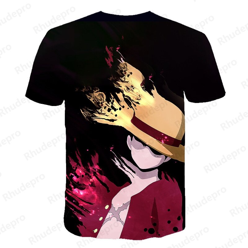 Camiseta 3D engraçada masculina e feminina japonesa de anime, luffy, chapéu de palha, o-pescoço, manga curta, respirável, roupa casual, nova, preta, 1 pc