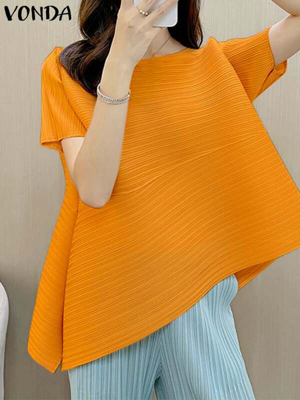 VONDA informal-Blusa de manga corta para verano, camisa holgada de Color liso con dobladillo Irregular, elegante, 2024