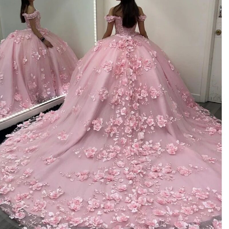 Charmant von der Schulter Quince anrra Ballkleider rosa Applikationen 3d Blumen prinzessin lang grün anmutig süß 16 Kleid Vestidos