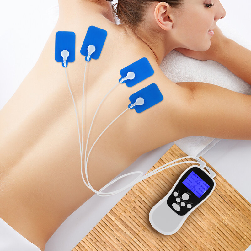 EMS dezenas massagem mini massageador, saída dupla, corpo inteiro, acupuntura, instrumento de terapia elétrica, tela azul