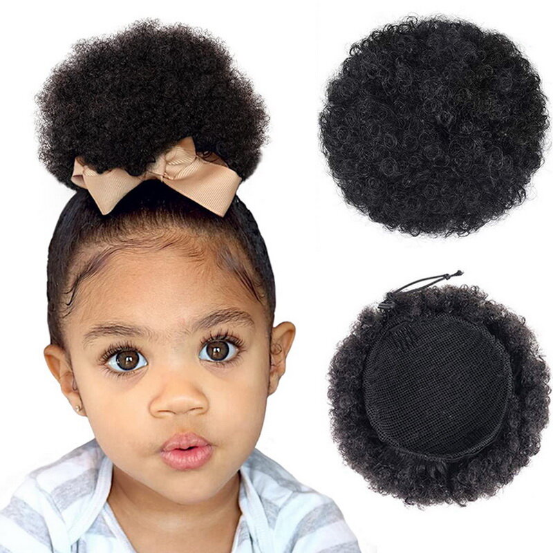 Short Synthetic Messy Bun Afro Fluffy Drawstring Ponytail Wig Kinky Curly Hair Buns Hair Piece Clip In Hair Extensions For Kids
