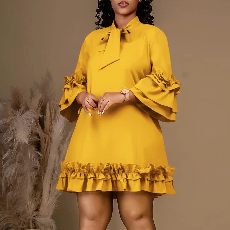 African Bow Selvedge Midi Dresses for Women Plus Size Evening Robe High Waist A Line Dress Autumn Fashion Birthday Gown 2023 New
