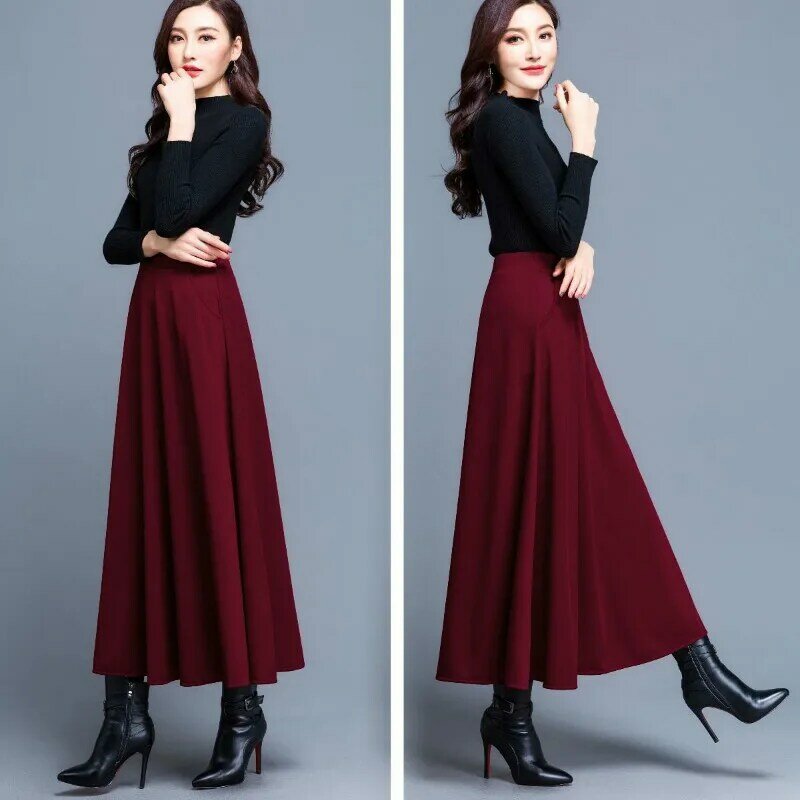 Frauen Herbst einfarbig Halbrock hohe Taille A-Linie Kleid Mode vielseitige Kleidung Woll material Geburtstags geschenk