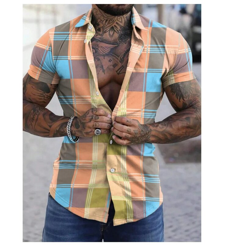 Camisa xadrez masculina de manga curta retrô lapela, casual roupas de férias, designer projetado, plus size, novo, 2024