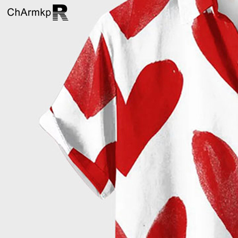 2024 Charmkpr Zomer Shirts Heren Korte Mouw Mode Tops Heren Kleding Hart Print Revers Shirt Streetwear Heren Hemd S-2XL